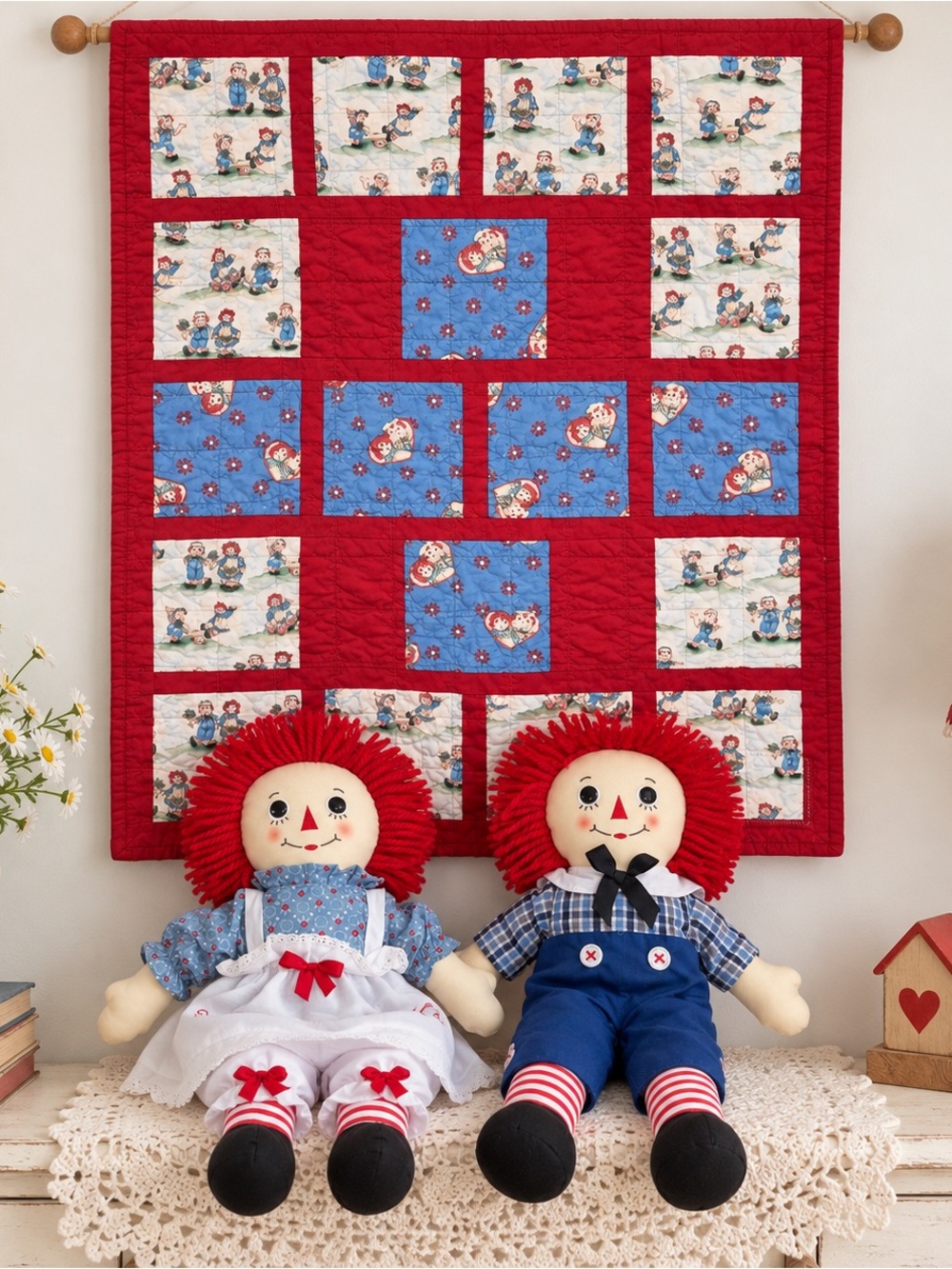 Raggedy Ann & Andy Dolls + Handmade Patchwork Mini Quilt Wall Hanging
